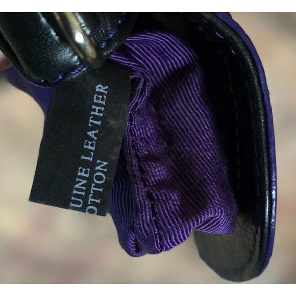 Black Genuine soft Leather Purse Purple Stitching Gold-Tone Accent Snap Closure - Picture 7 of 7